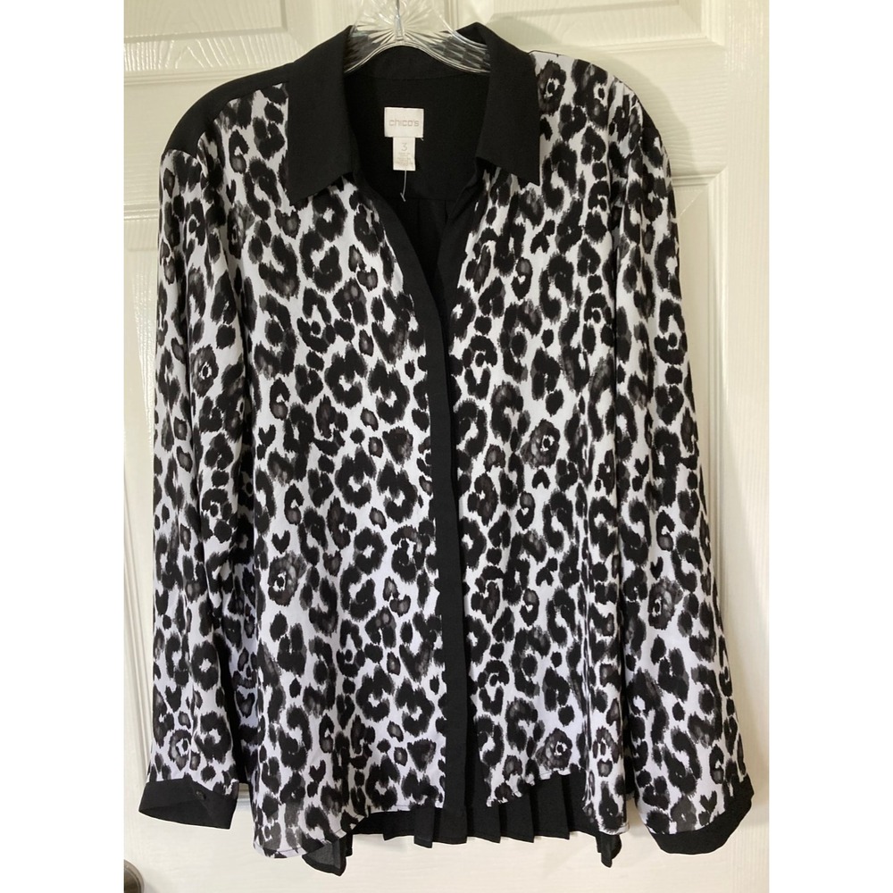 Chico's Women's Leopard Black Blouse Size 3 (XL/16) LS Pleated Back Pre-Owned